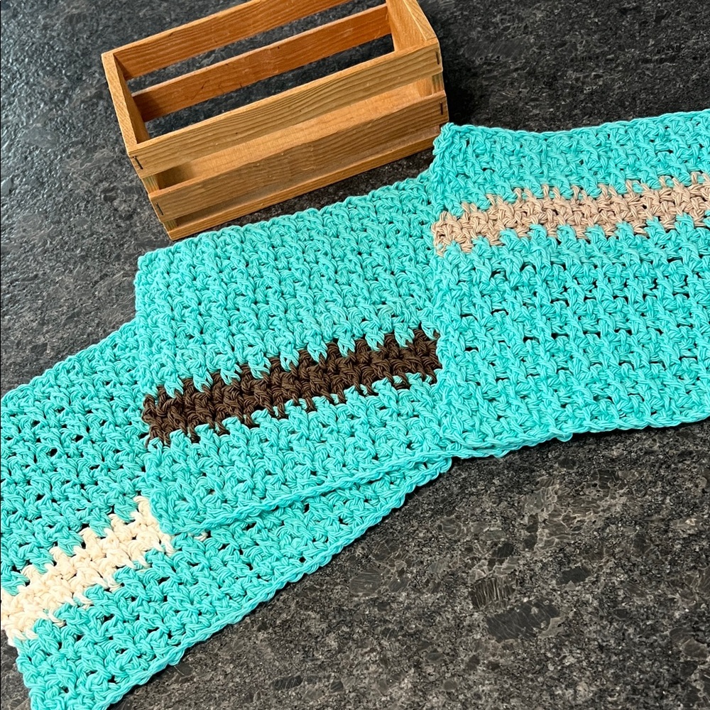 Handmade Crochet Dishcloths in Turquoise and Brown